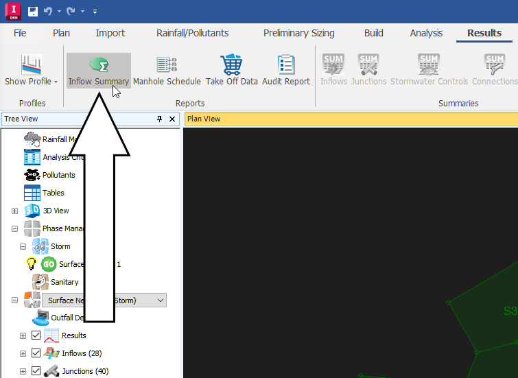 The InfoDrainage ribbon, Results tab, Reports panel, with Inflow Summary selected.