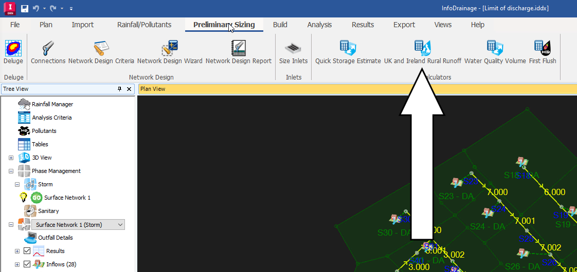 The Preliminary Sizing tab, Calculators panel with UK and Ireland Runoff called out