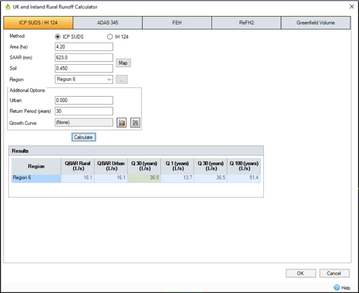 The UK and Ireland Rural Runoff Calculator dialog box with settings configured and the Calculate button called out.