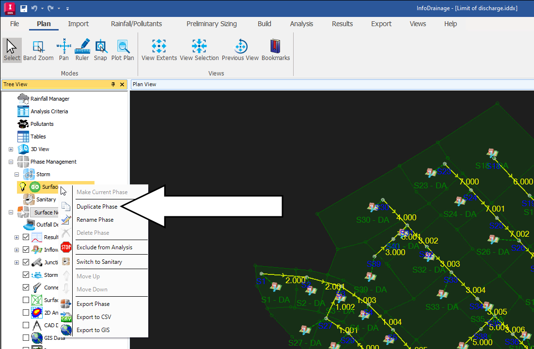 The corner of the InfoDrainage interface, focused on the Tree View. The current phase has been selected and Duplicate Phase is indicated in the submenu that it will be clicked.