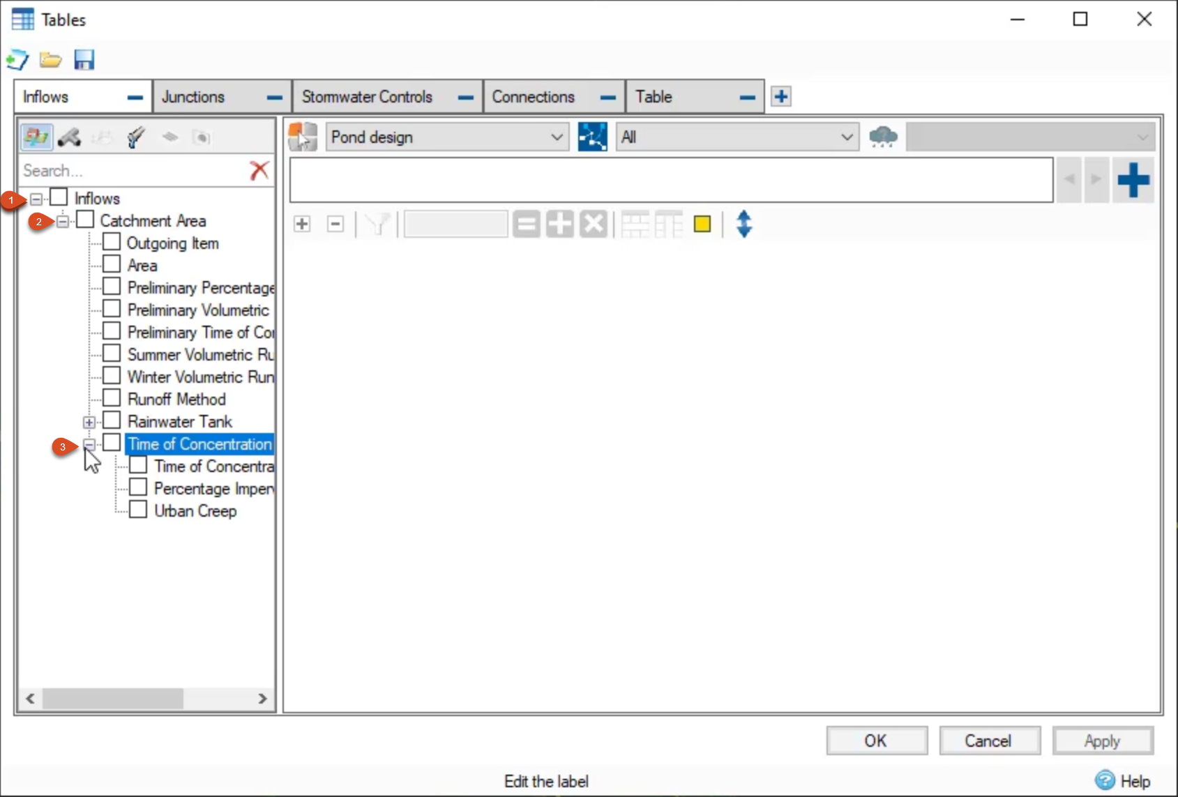 The Tables dialog box, with the Inflows tab active and the Inflows, Catchment Area, and Time of Concentration nodes expanded.