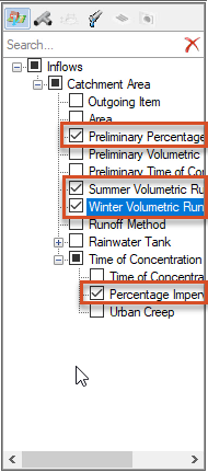 A closeup of the Inflows hierarchy in the Tables dialog box, with the four options enabled: Preliminary Percentage Impervious, Summer Volumetric Runoff Coefficient, Winter Volumetric Runoff Coefficient, and Percentage Impervious