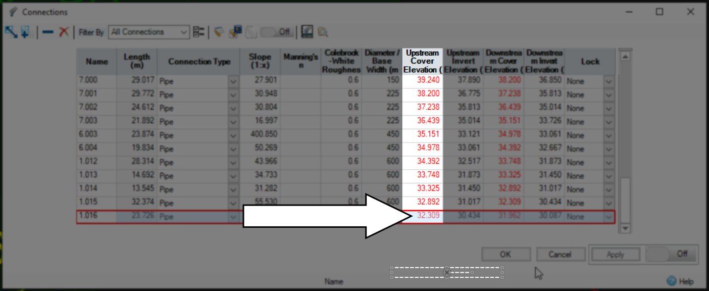 A closeup of the Connections dialog with the Upstream Cover Elevation column highlighted, and the last value, called out for later use.