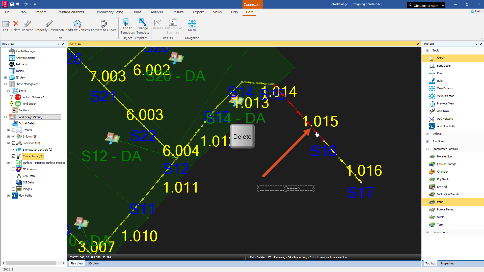 The InfoDrainage interface, with the pipe that is being replaced with the pond called out in the Plan View.