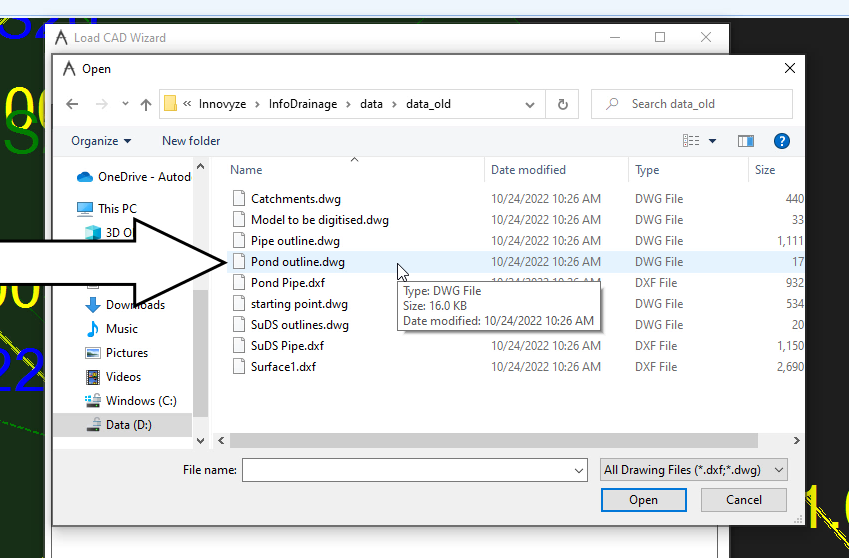 The Open dialog box showing the CAD file, Pond outline.dwg being selected for import into the model.