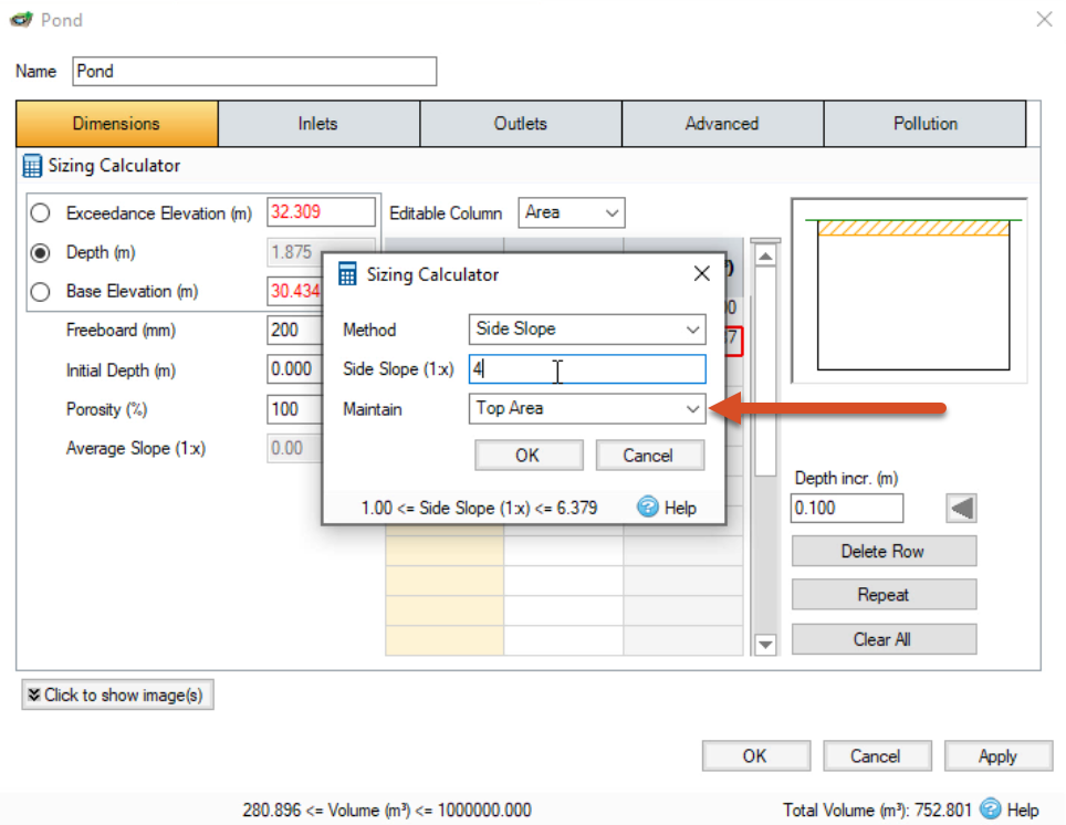 The Pond dialog box in the background, with the Sizing Calculator in the foreground being used to calculate the size of the pond feature.