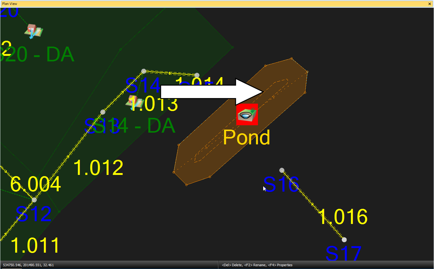 The Plan View showing an updated image of the pond, with a dashed line around the inside that represents its base area.