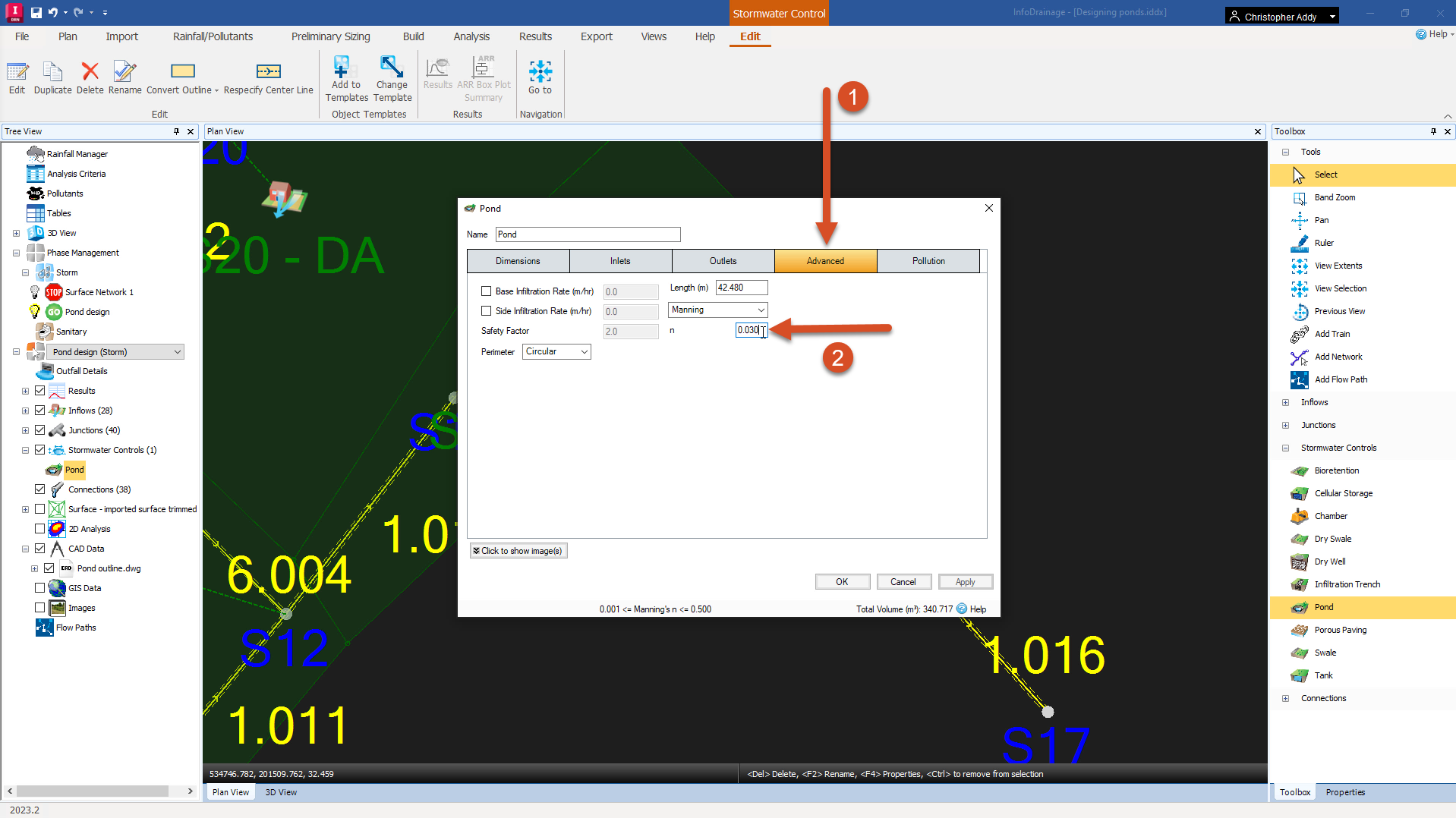 The InfoDrainage interface, with the Pond dialog box open to the Advanced tab and the Manning's n value entered.