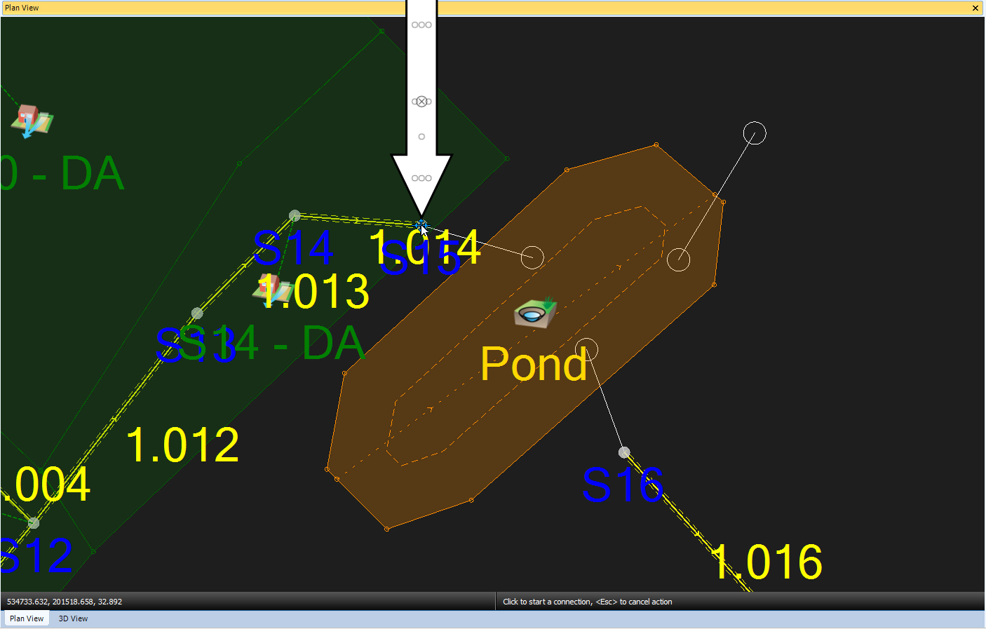 A closeup of the Plan View, with the pond centered and the callout arrow pointing to the manhole just outside the pond object, where the pipe connection is to be anchored.