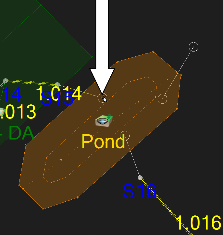 A closeup of the Plan View, with the pond centered and the callout arrow pointing to the pipe connection end point inside the boundary of the pond object.