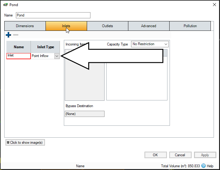 The Pond dialog box, with the Inlets tab highlighted as active and the Inlet Type drop-down called out and the Point Inflow type showing.