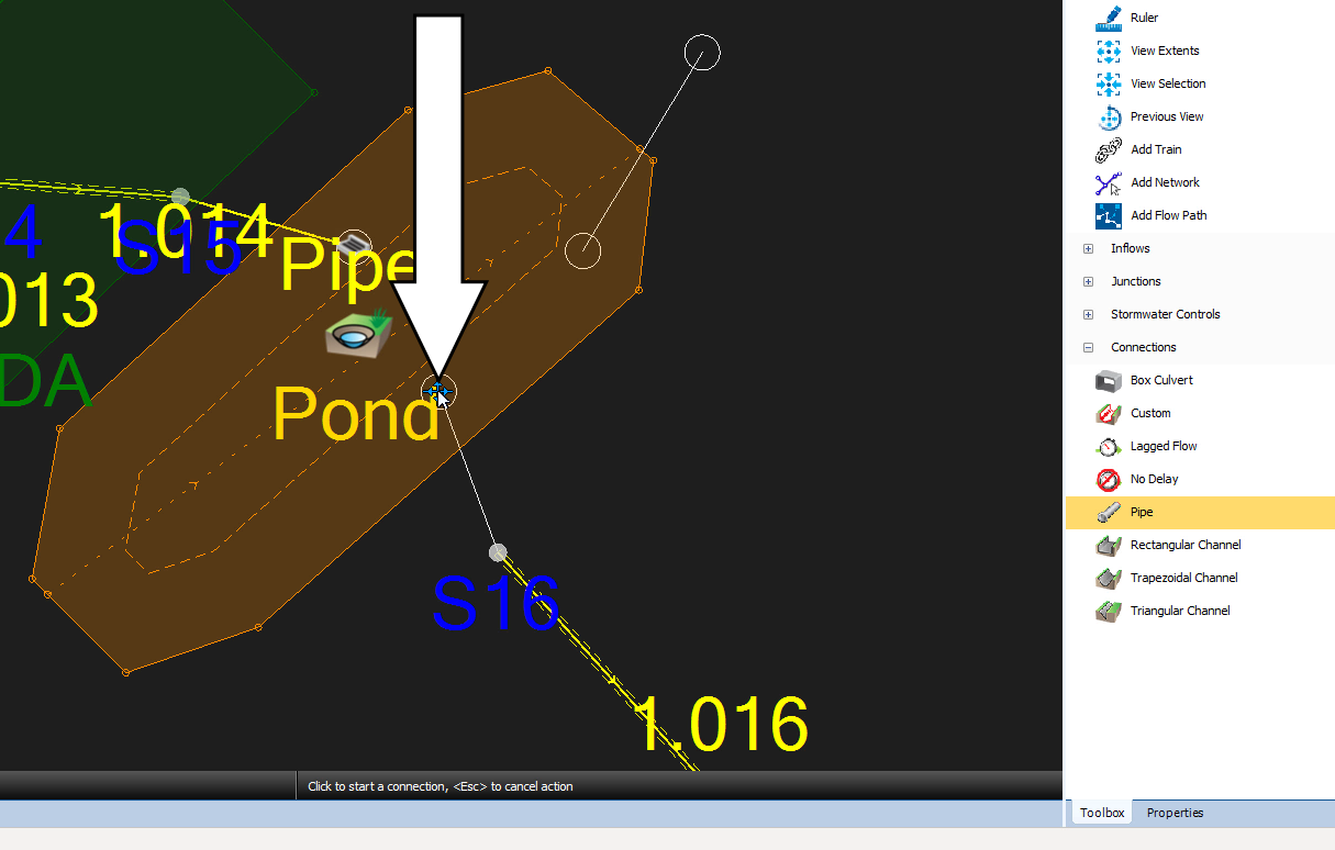 A closeup of the Plan View, with the pond toward the left and the Pipe connection object highlighted as active in the Toolbox. In the Plan View, a callout arrow is pointing to the start of the outlet pipe connection inside the pond boundary.