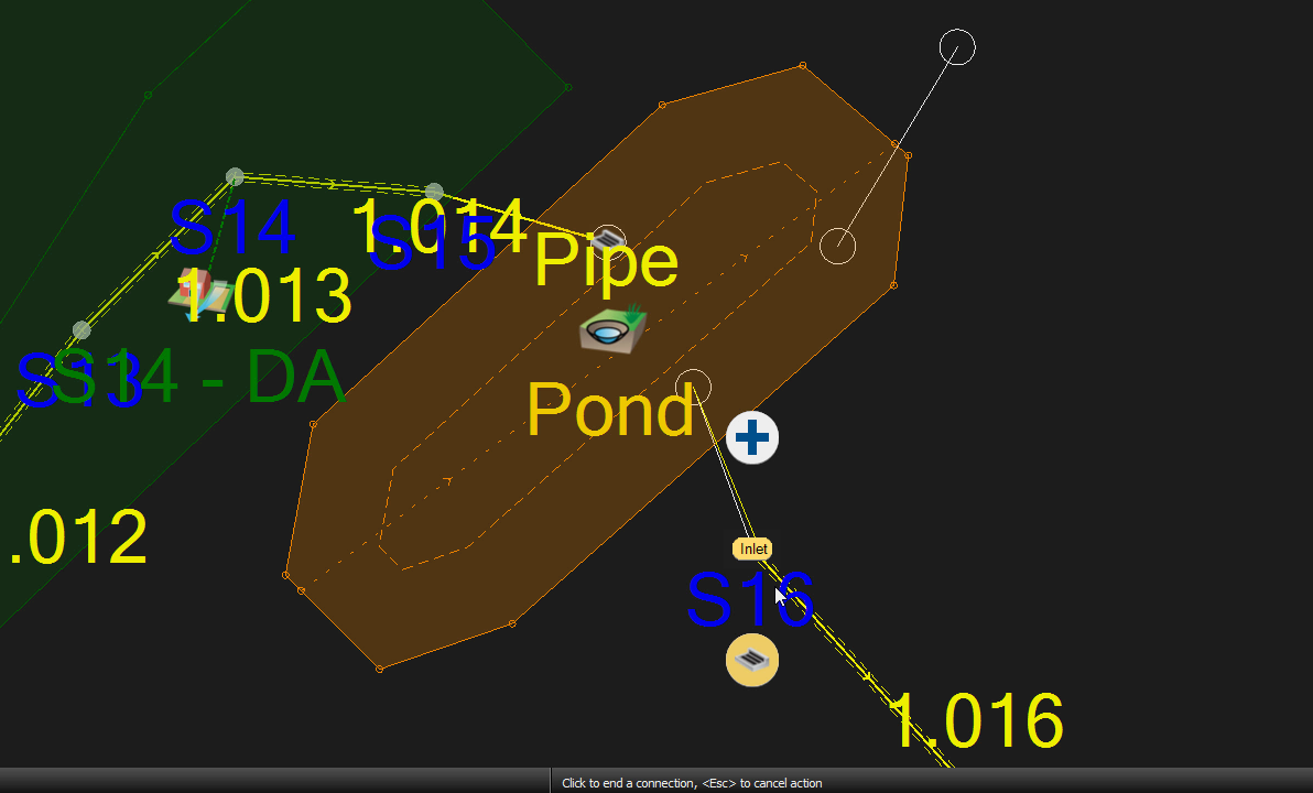 A closeup of the Plan View, with the pond centered and the outlet pipe connection endpoint is about to be placed. A plus icon indicates the addition of the pipe, and the word “Inlet” is showing, just before connection with the manhole.