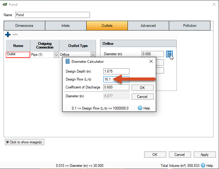 The Pond dialog box in the background, with the Diameter Calculator in the foreground showing the Design Depth, Design Flow, and Coefficient of Discharge options entered for calculation. The Diameter field is grayed out with a value of 0.077 meters calculated.