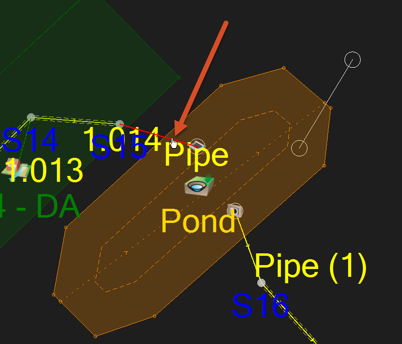 A closeup of the pond, with the inlet pipe indicated with a callout for selection.