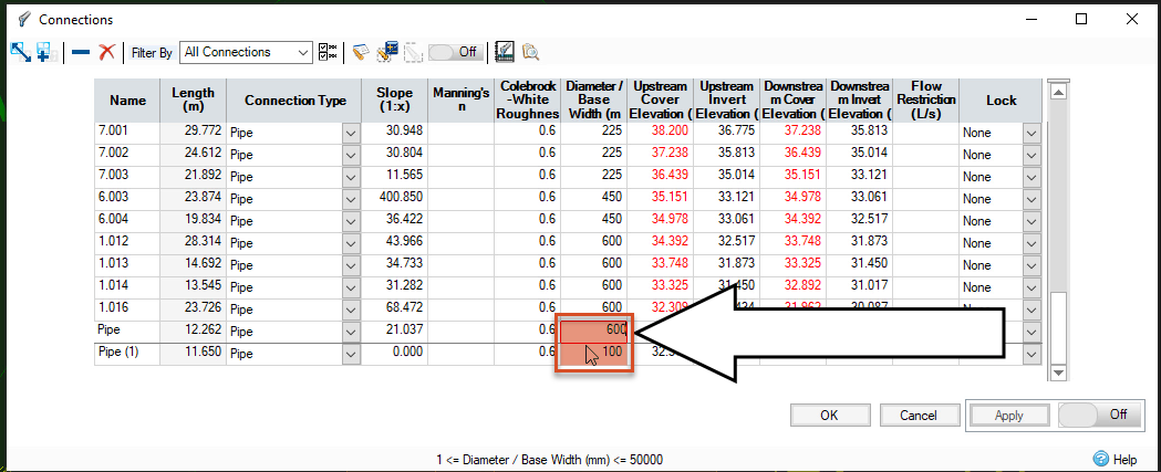 The Connections dialog box, with a callout indicating the diameter values being entered for the two pipes.