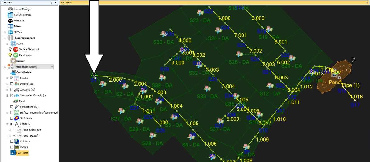 The Tree View and Plan View. The Tree view is showing Flow Paths highlighted. The Plan View is showing the majority of the model, and a callout is indicating the first manhole, S1, being selected for the start of the flow path.