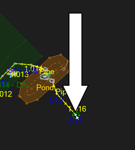 A closeup of the pond, with a callout indicating the selection of manhole S17 for the end of the flow path.