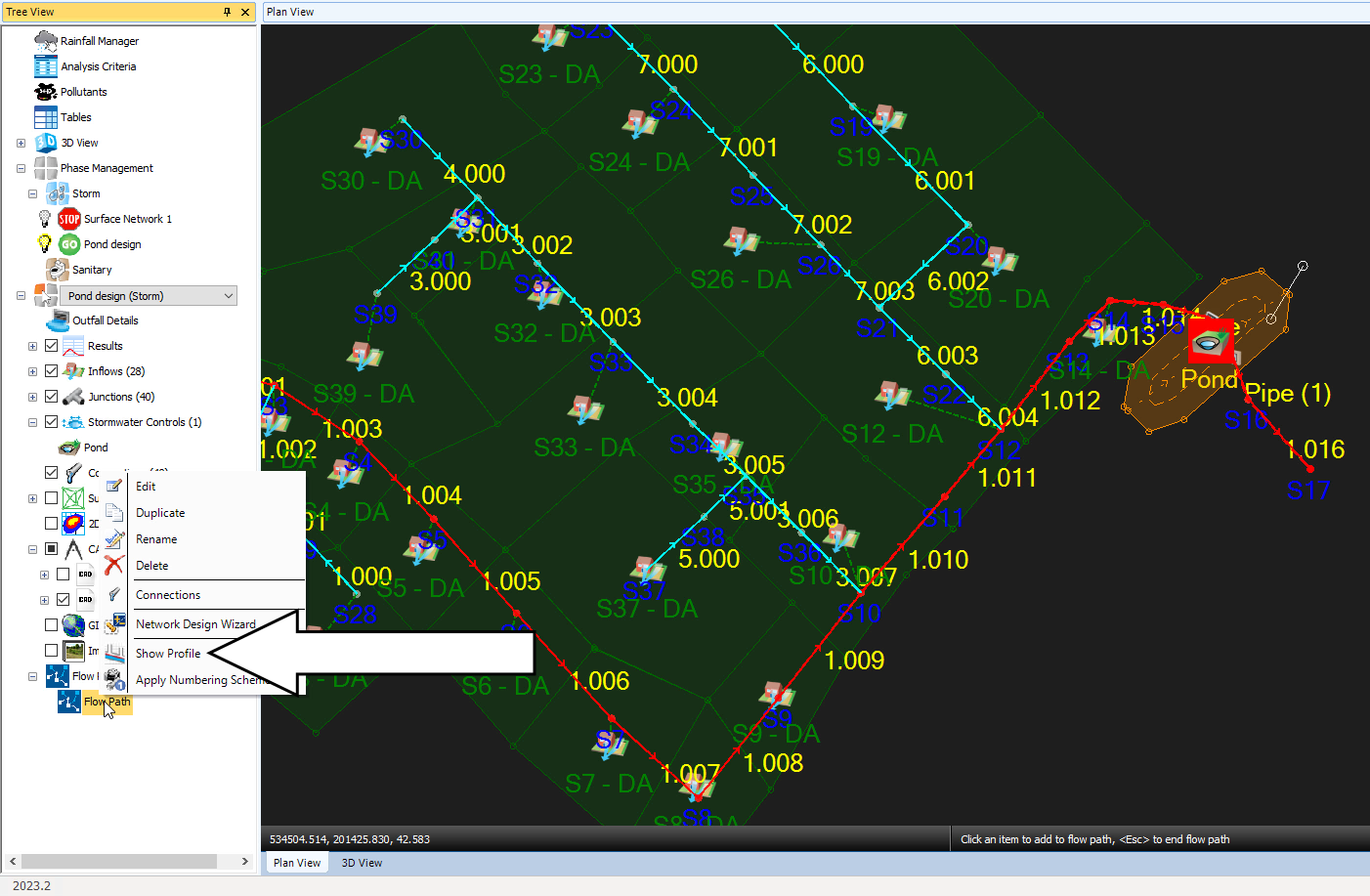 The Tree View and Plan view. The flow path is highlighted in red in the Plan view. A callout is indicating the selection of the Show Profile tool for the flow path.