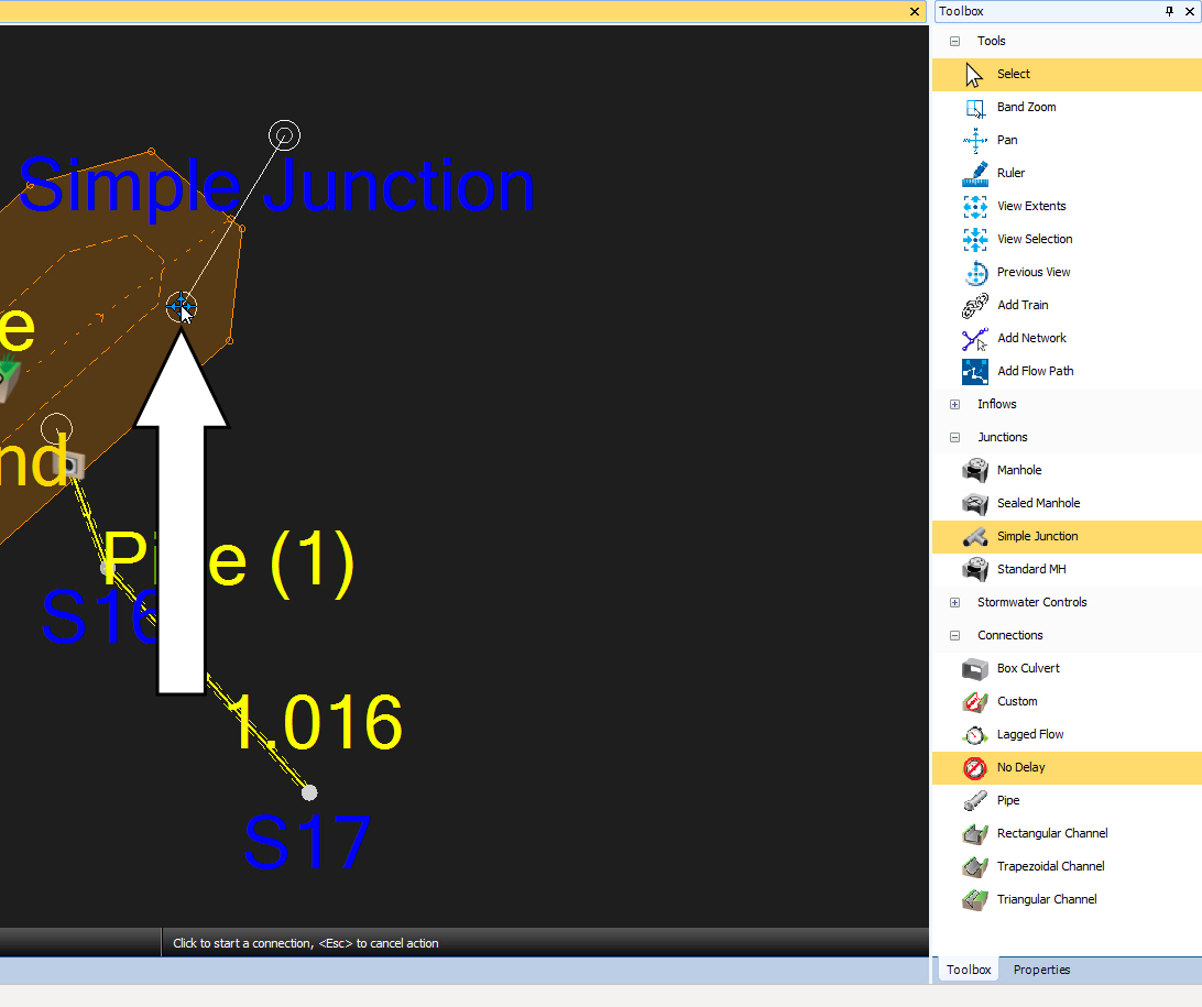 The Toolbox and part of the Plan View. The No Delay object is highlighted in the Toolbox, and in the Plan View, a callout indicating the placement of the No Delay connection inside the pond.