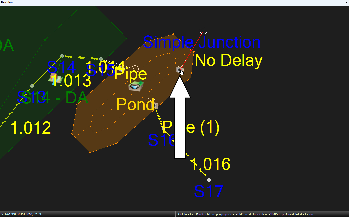 The Plan View, with a callout indicating the new outlet icon being selected to view its properties.