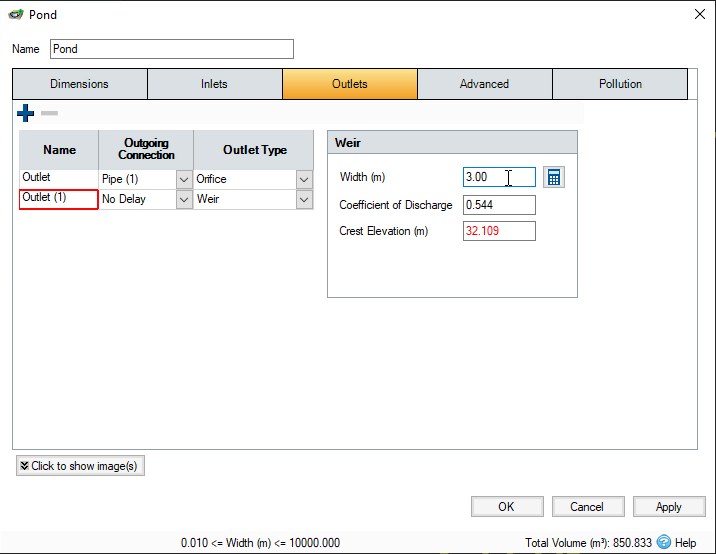 The Pond dialog, with the properties configured for the overflow outlet so that its type is Weir, and the crest elevation is set to the freeboard level of the pond.