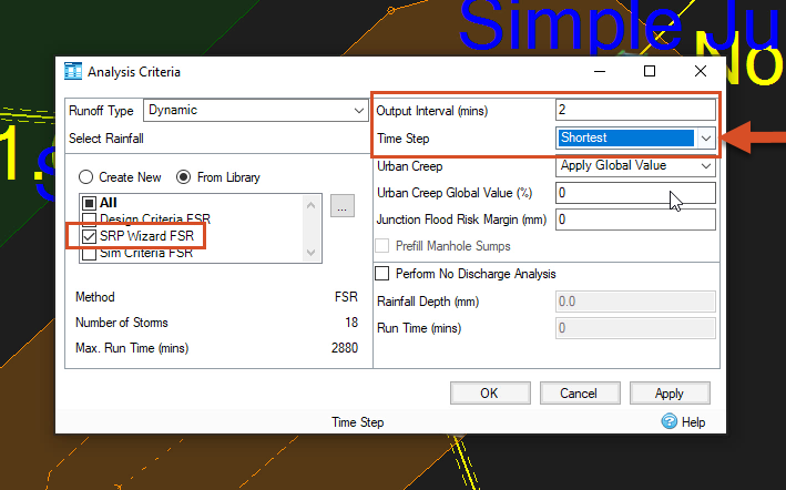 The Analysis Criteria dialog box, with the SRP Wizard FSR, Output Interval, and Time Step options configured for the analysis.