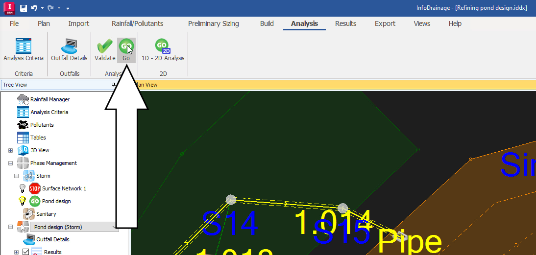 The corner of the InfoDrainage interface, showing the Analysis ribbon active, with the GO button called out.