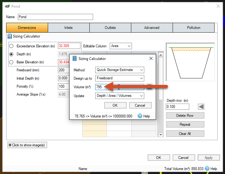 The Sizing Calculator, with the Volume being updated to 795 in the foreground. In the background, the Pond dialog, with the Dimensions tab active.