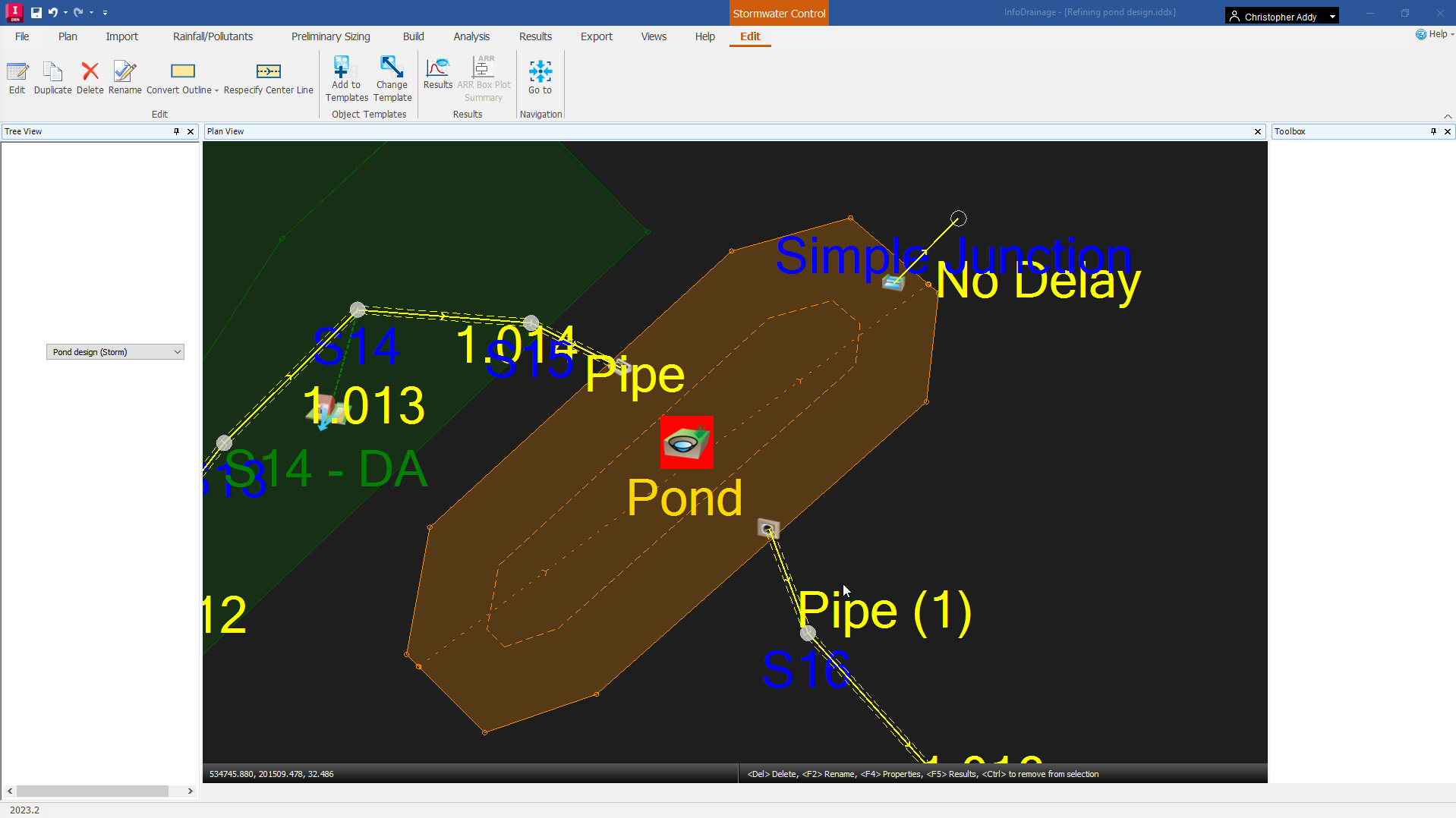 The InfoDrainage interface, with the Edit tab in the ribbon active, and the pond being updated. No data is shown in the Tree View or Toolbox while the update is happening. The pond is smaller than it was before the update.