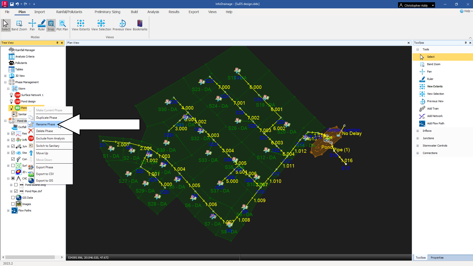 The InfoDrainage interface, with a drainage design open in the Plan View. In the Tree View, a callout shows that a new phase has been created, is active, and is being renamed, while the Pond phase has been deactivated.