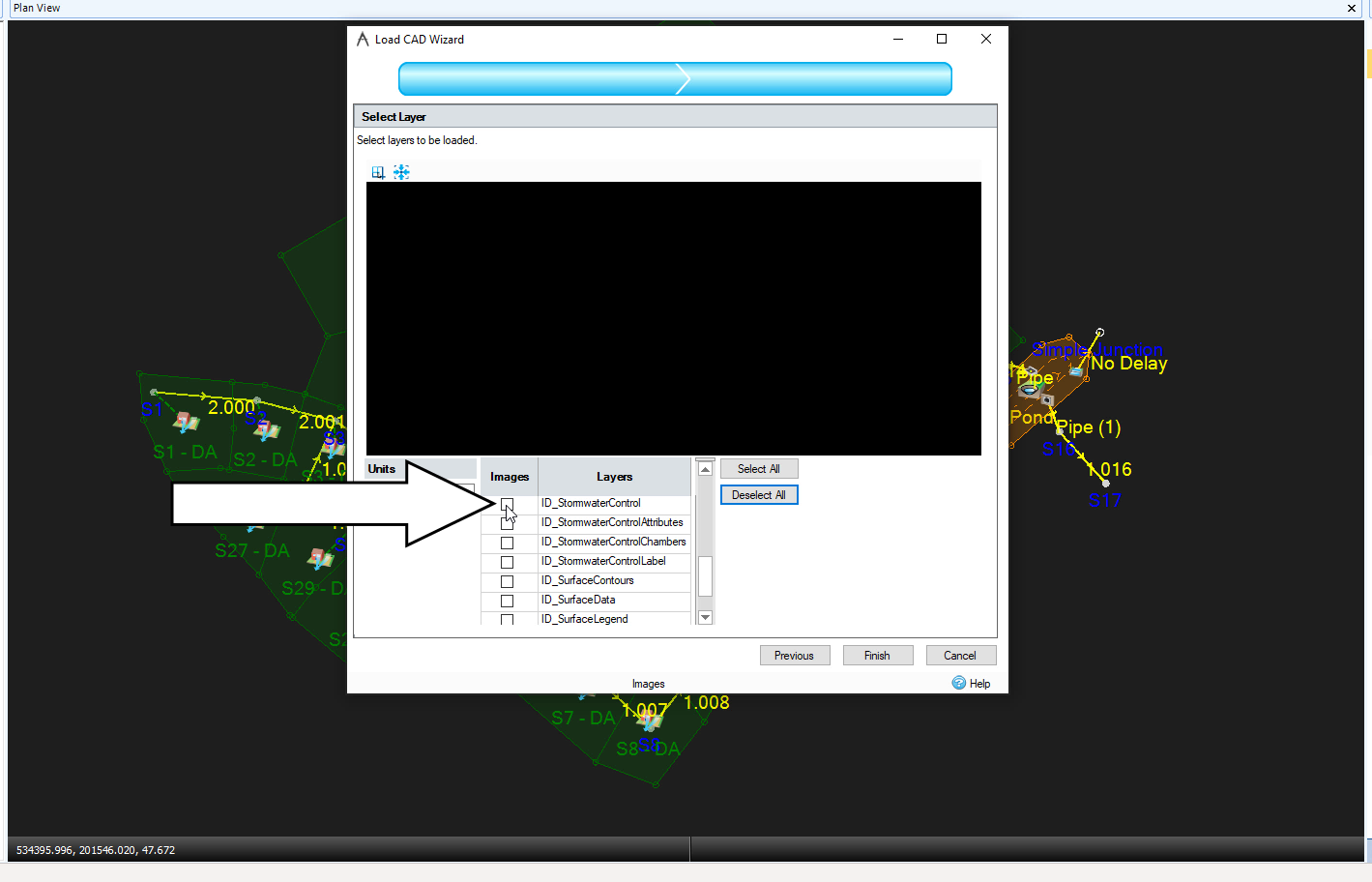 The Load CAD Wizard open to the second page and all layers are deselected except for the ID_StormwaterControl layer, which is being enabled.