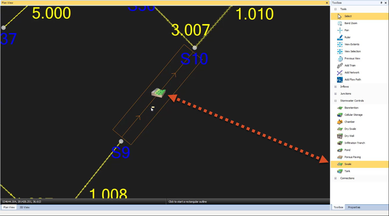 The InfoDrainage interface, with the Plan View highlighting the swale CAD outline with the pipe inside being deleted.