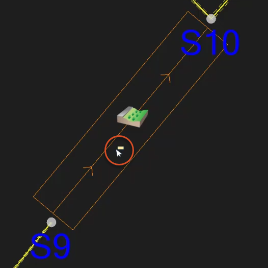 A zoomed-in image of the CAD outline of the swale with the swale object placed into it and the cursor changed to show swale creation.