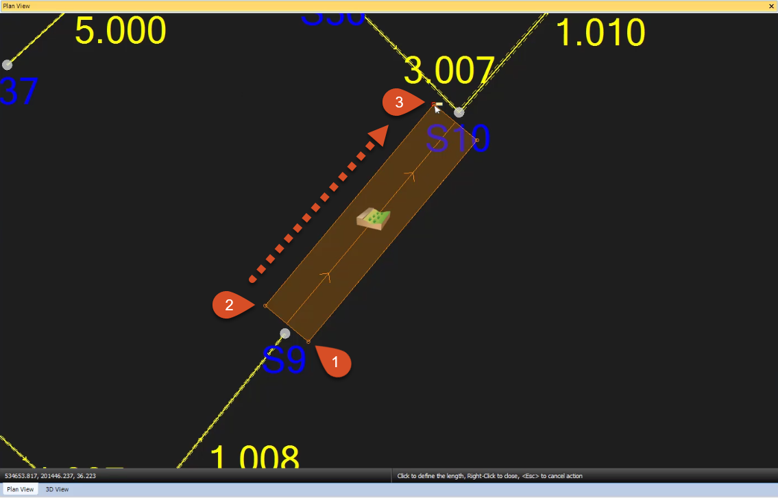 The swale being digitized, with numbered pointers indicating the order in which each of the three corners is to be picked.