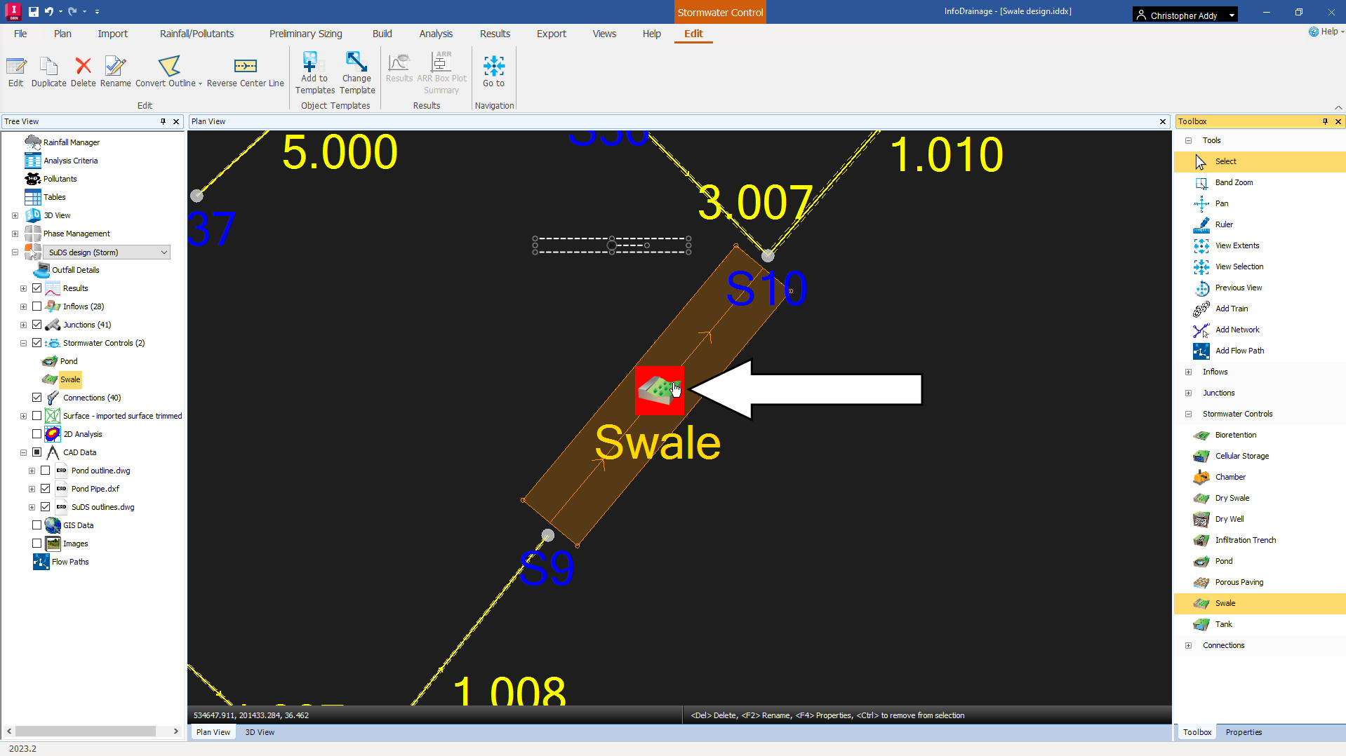 Once the swale has been created, the Swale icon in the model can be clicked to access the swale’s properties.