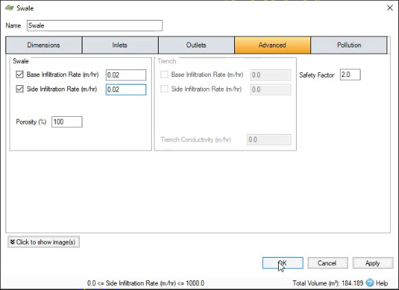 The Swale dialog box, Advanced tab, with the Base Infiltration Rate and Side Infiltration Rate both enabled and the values set to 0.02.