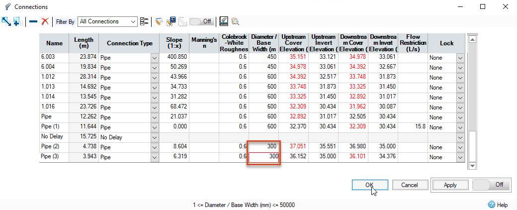 A closeup of the Connections dialog box, with the diameters of the new pipes set to 300 mm.
