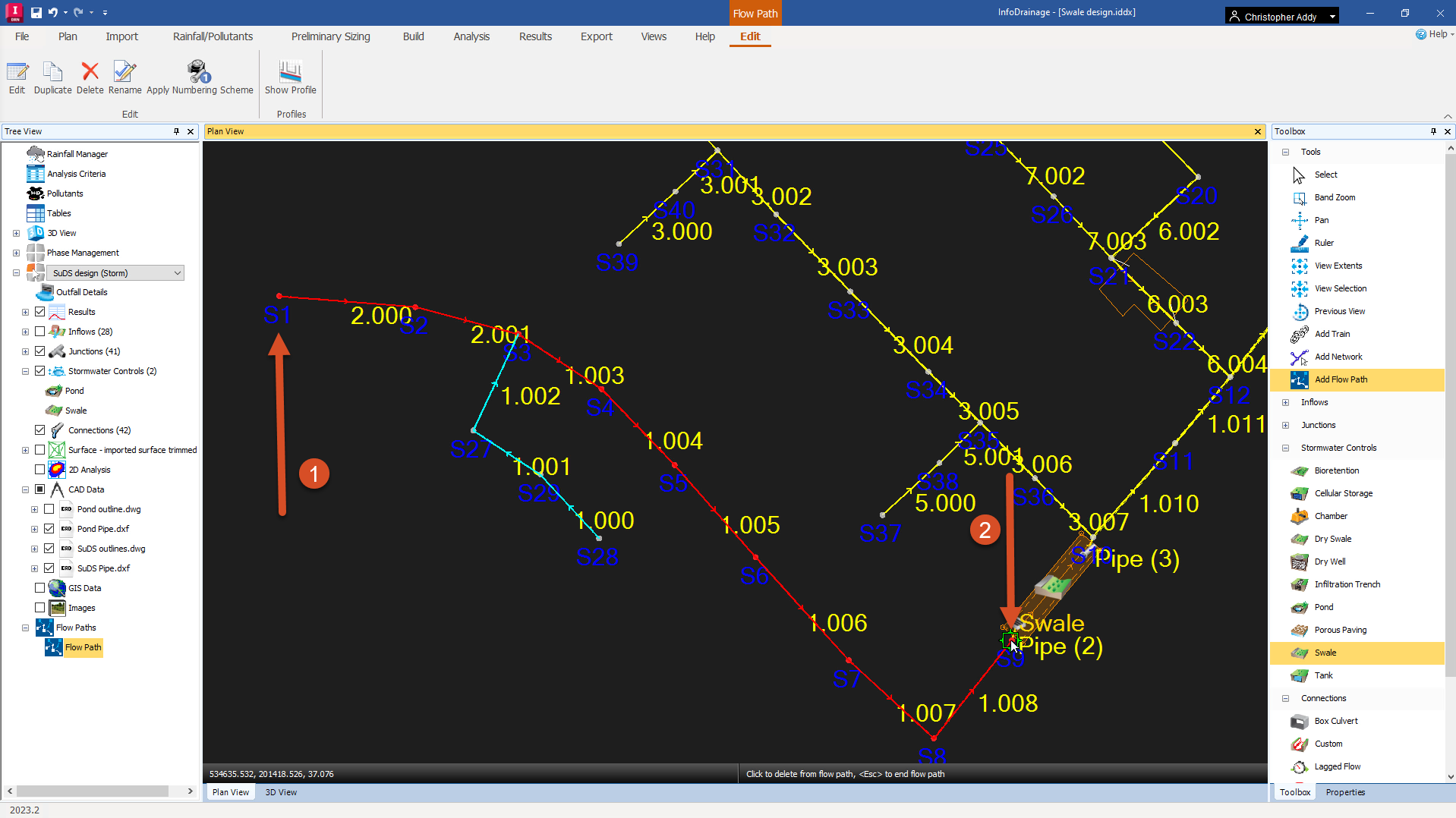 The InfoDrainage interface, with the Plan View zoomed out to see the entire flow path highlighted, with indicators at manholes S1 and S9 for the start and end, which is just before the swale object.