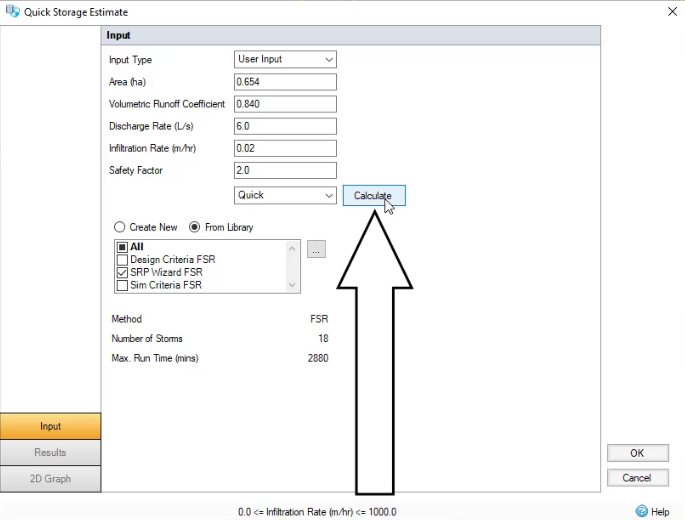 The Quick Storage Estimate dialog box, with the Input values entered and the Calculate button indicated.