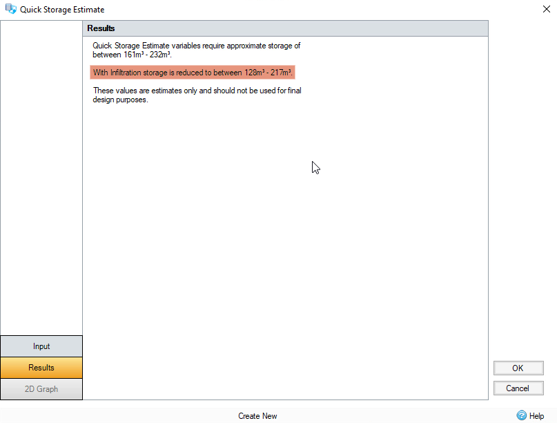 The Quick Storage Estimate dialog box, with the Results of the calculation showing.