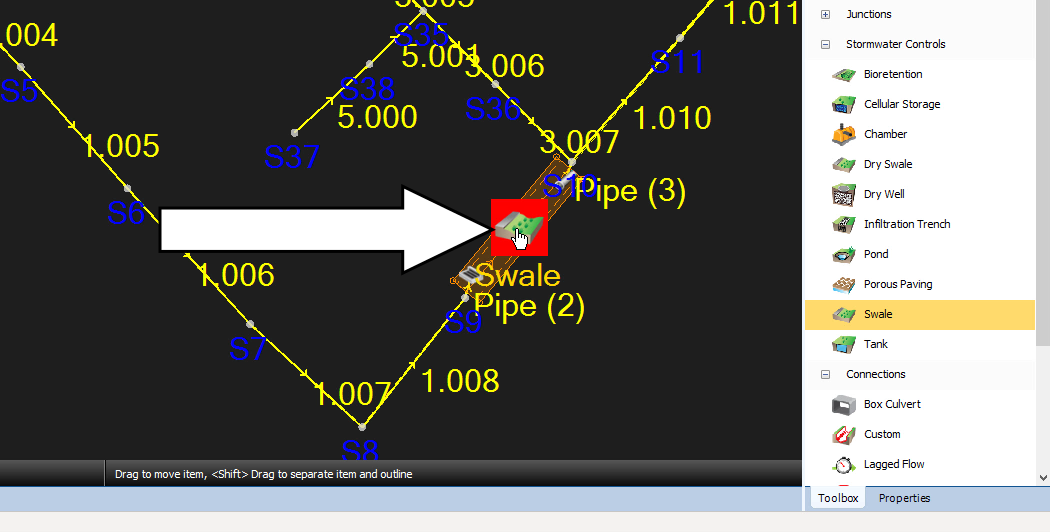 ifdr2023M07U02_Designing_a_Swale_037.png The corner of the InfoDrainage Interface, with the Swale icon indicated as being double-clicked to open its properties.