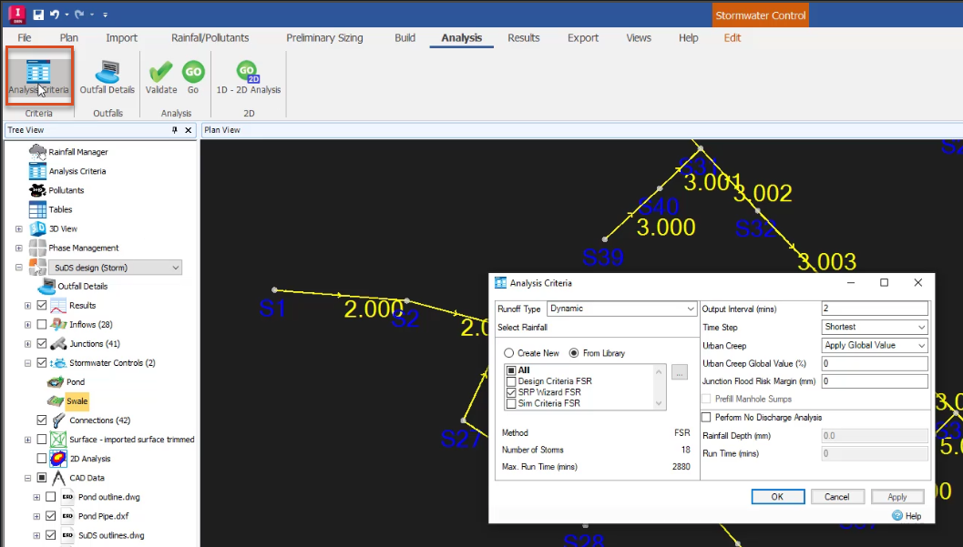 The corner of the InfoDrainage interface, with the Analysis Criteria button highlighted in the ribbon, and the Analysis Criteria dialog box open.