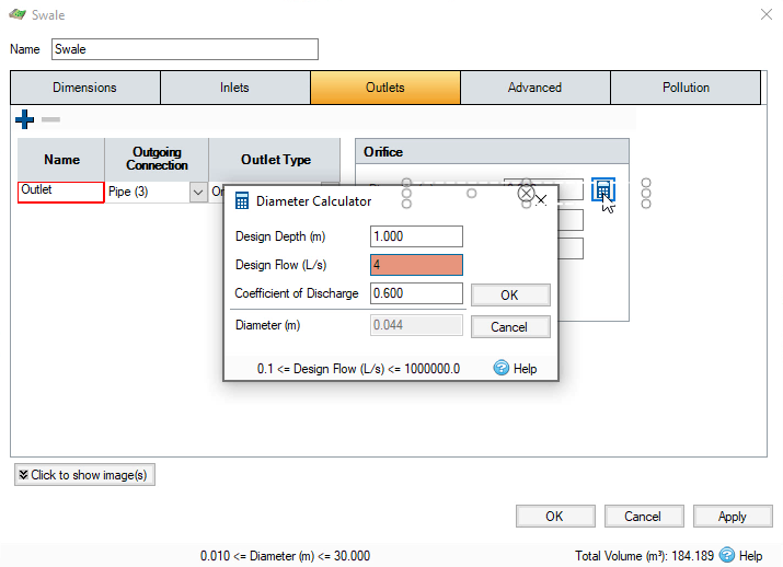 ifdr2023M07U02_Designing_a_Swale_042.png The Swale dialog box, with the properties set and the indicator pointing to the calculator.