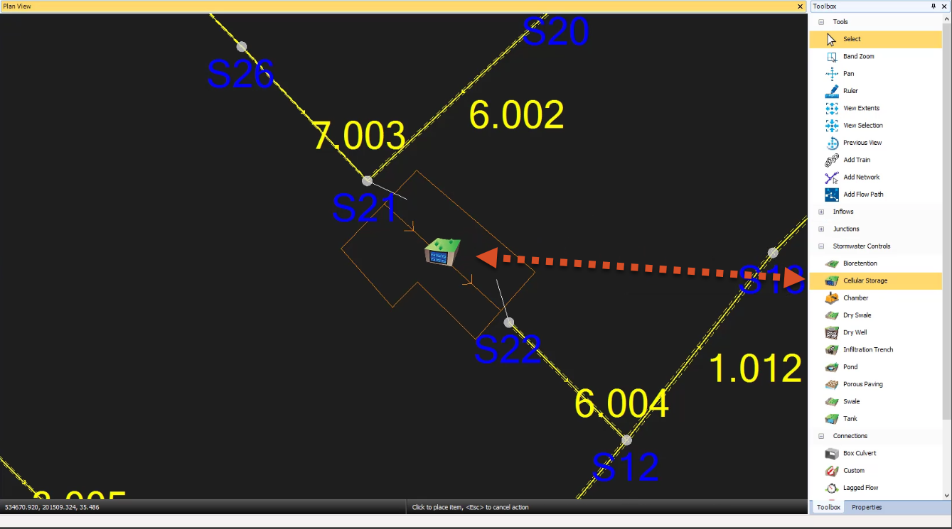 The InfoDrainage interface, with the Plan View zoomed in on the outline of the cellular storage structure, in which the pipe has been removed and the Cellular Storage icon has been placed.