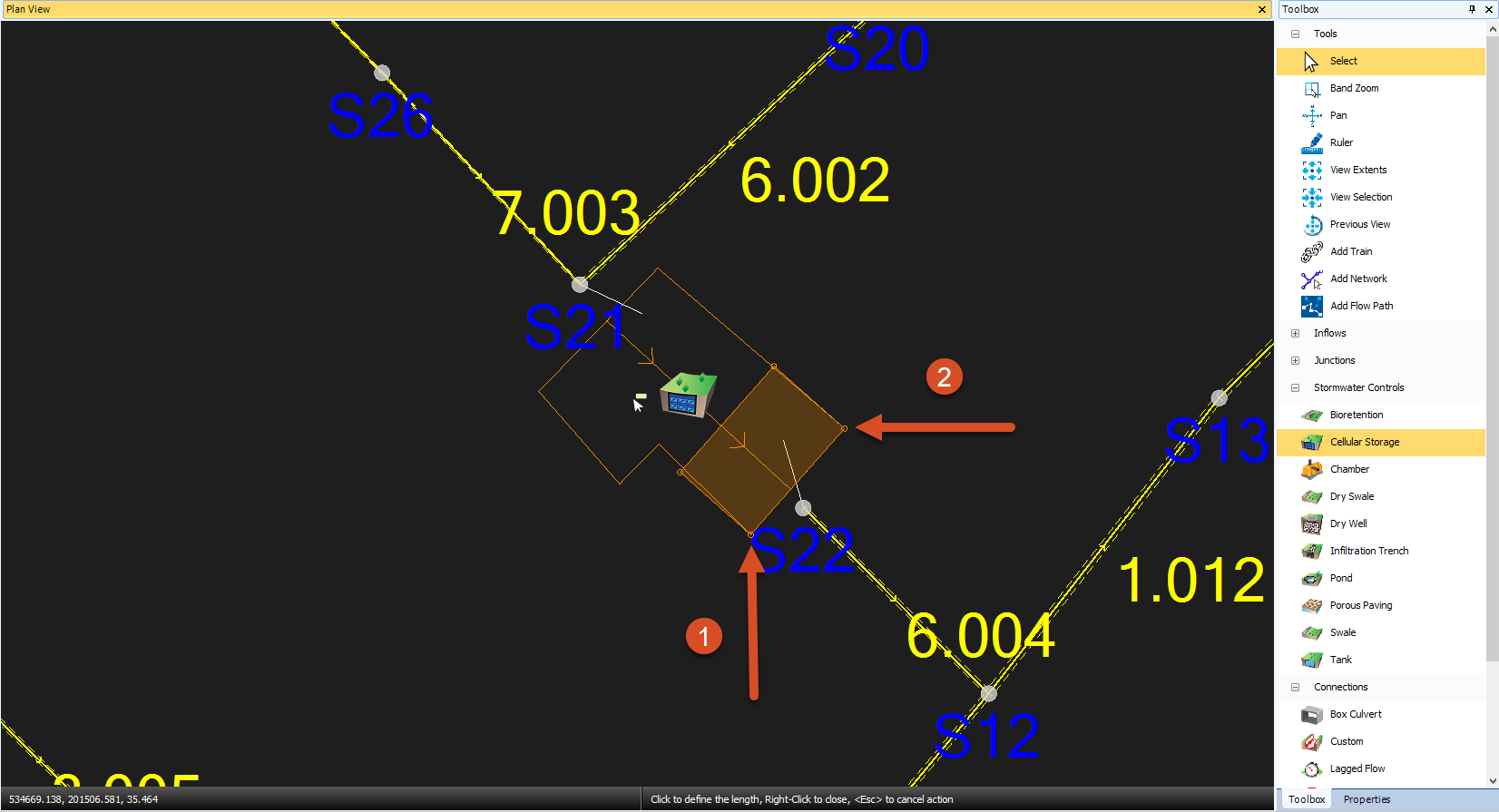 The Plan View, with the model zoomed in on the cellular structure outline, with the first two points already clicked so that the highlight for the digitization is being created as the user drags the mouse toward the upstream direction.