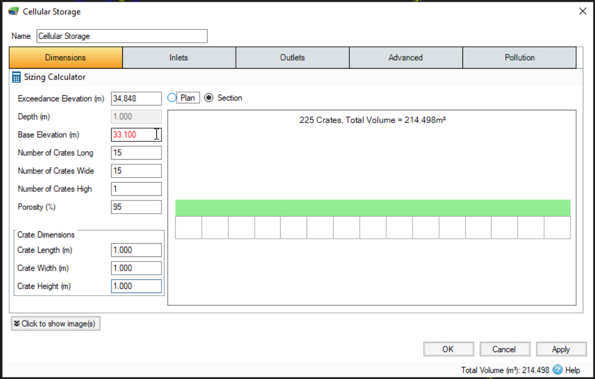 The Cellular Storage dialog box, with the desired properties entered and a report of 225 total crates being created, and a total volume of 214.498 meters cubed.