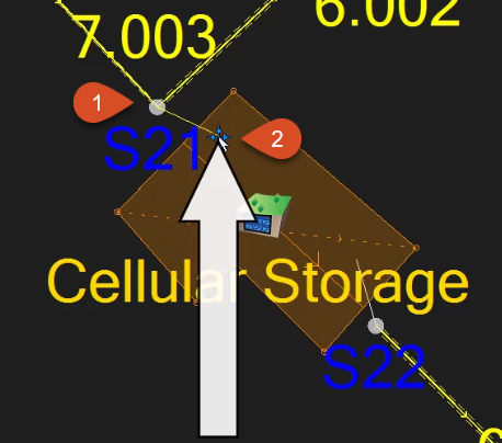 The inlet creation for the cellular storage object, where the manhole has already been clicked and the user is about to click the end of the pipe to finish the inlet creation.