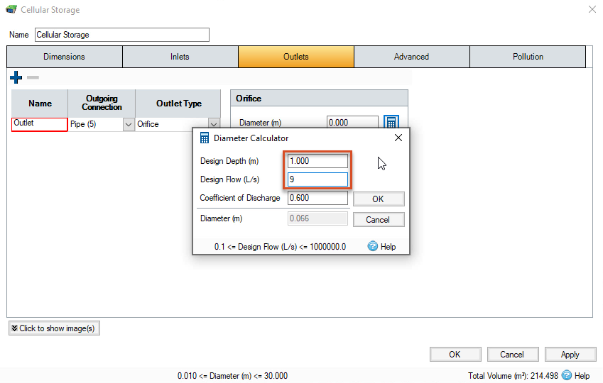 The Cellular Storage dialog box in the background, with the Diameter Calculator open in the foreground, and the Design Depth and Design Flow values highlighted.