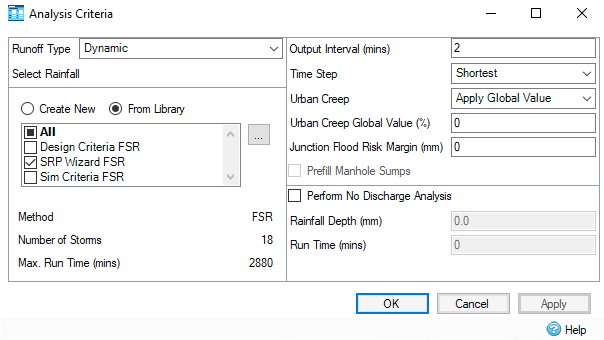 The Analysis Criteria dialog box, with the parameters set to run the analysis of the model thus far, to determine whether the pond is sized correctly after the addition of the SuDS features.